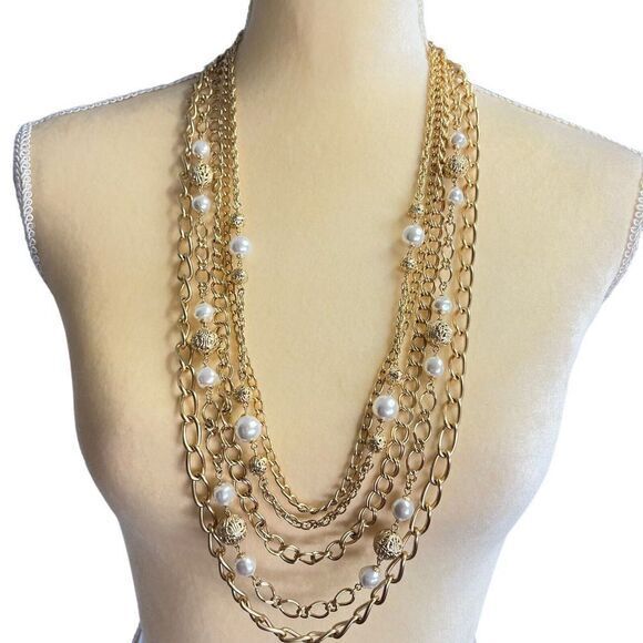 Gold-Tone Faux Pearl Bead Multi Chain Statement Necklace 34.5 in 5 Strand - Picture 11 of 16